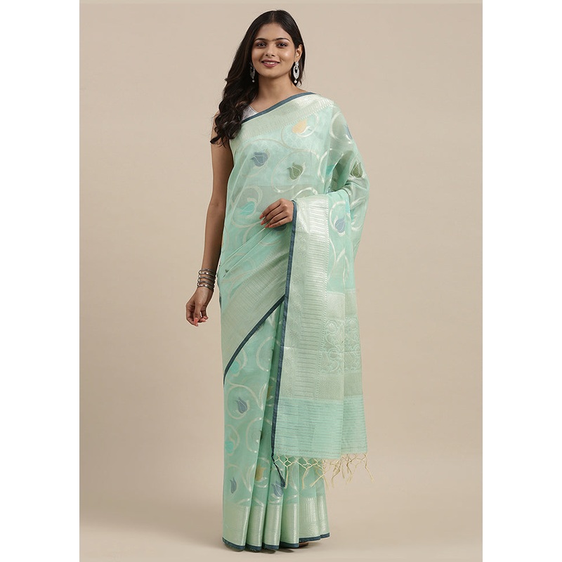 Sea Green Cotton Zari Saree Without Blouse Piece - JD986581792