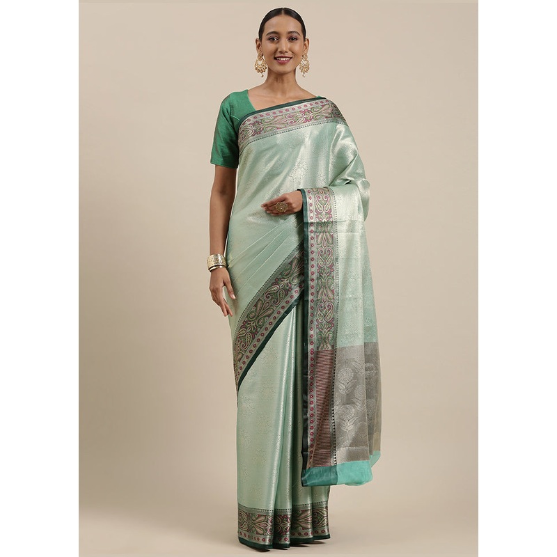 Sea Green Kanchipuram Silk Saree With Blouse Piece - JD986581862