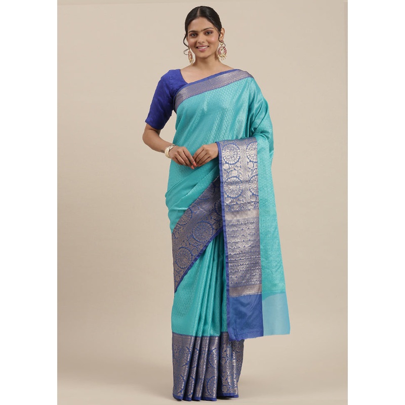 Turquoise Blue Silk Saree With Blouse Piece - JD986581855