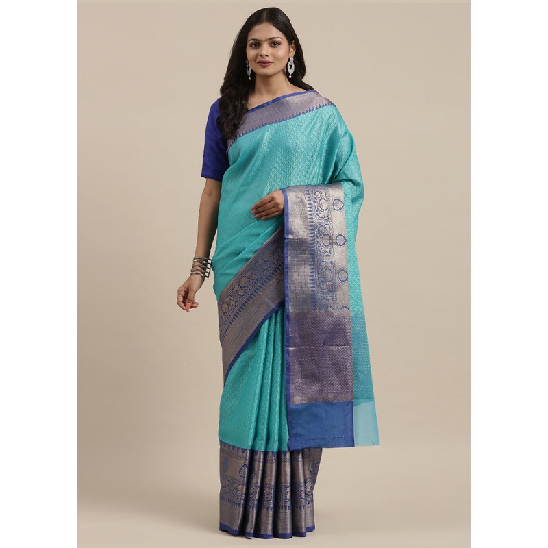 Turquoise Blue Silk Saree With Blouse Piece - JD986581856