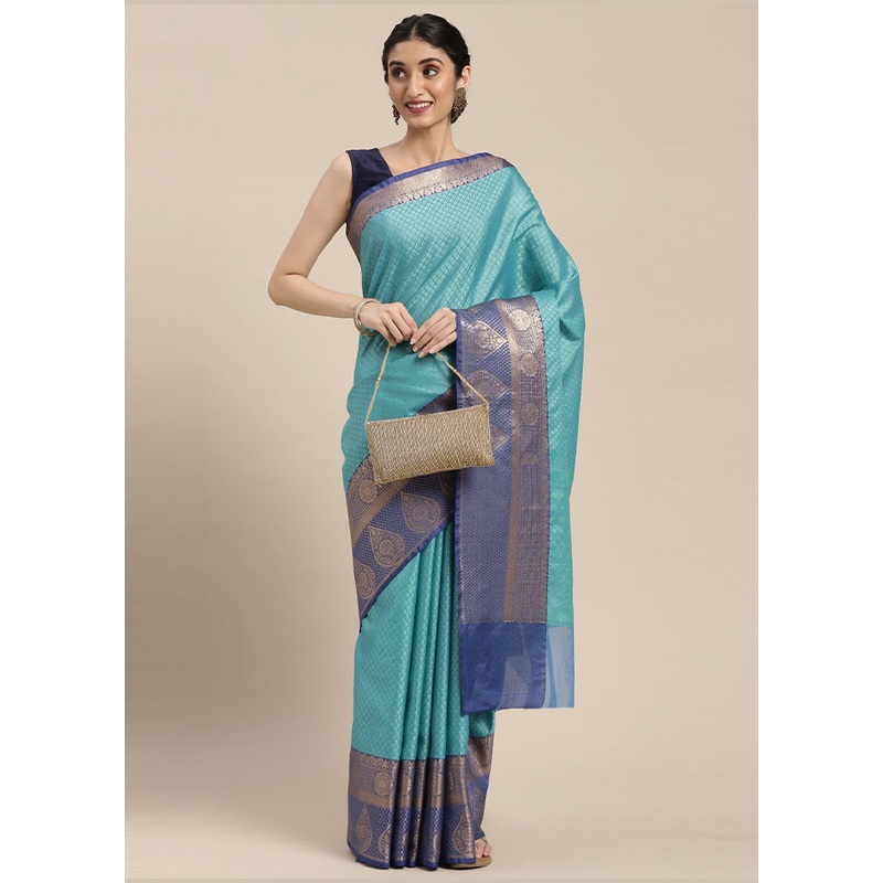 Turquoise Blue Silk Saree With Blouse Piece - JD986581857