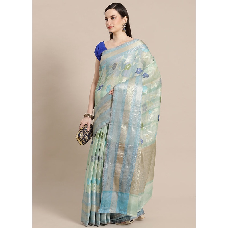 Turquoise Matka Silk Zari Saree Without Blouse Piece - JD986581854