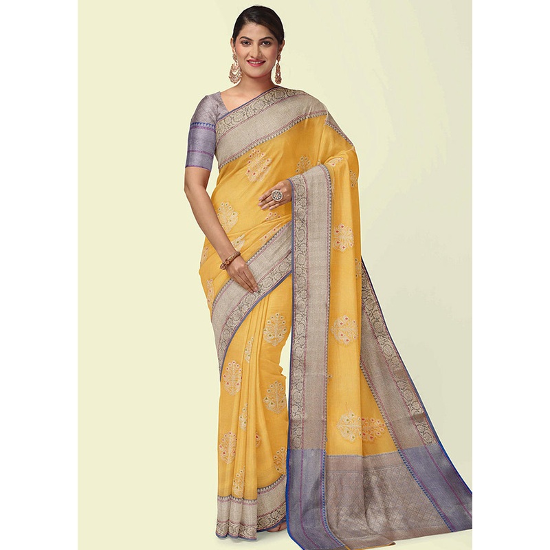 Yellow Cotton Zari Saree Without Blouse Piece - JD986581781