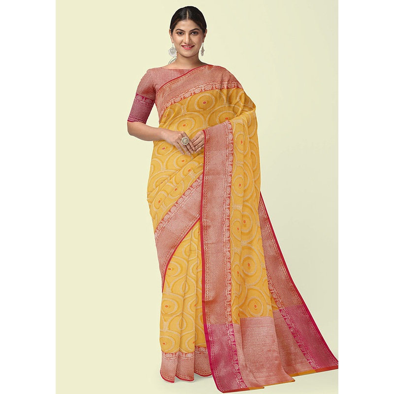 Yellow Cotton Zari Saree Without Blouse Piece - JD986581782