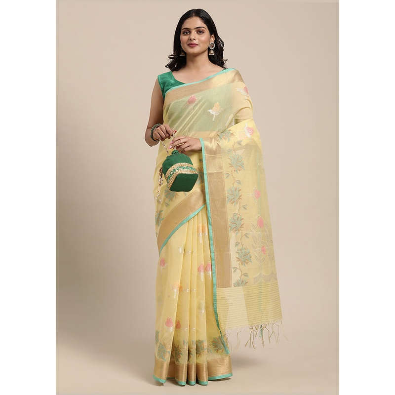 Yellow Cotton Zari Saree Without Blouse Piece - JD986581783