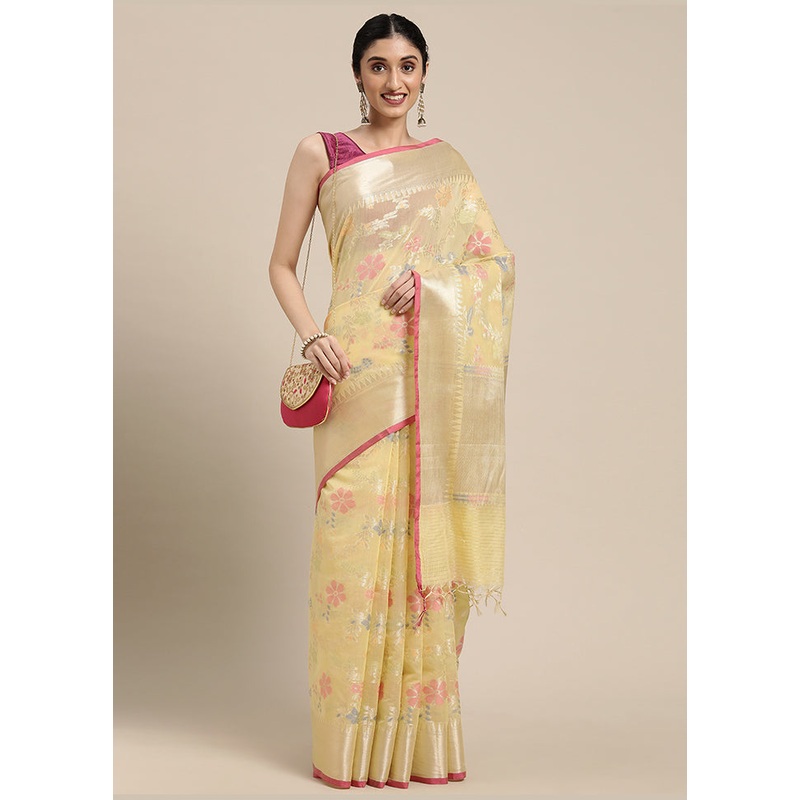 Yellow Cotton Zari Saree Without Blouse Piece - JD986581784