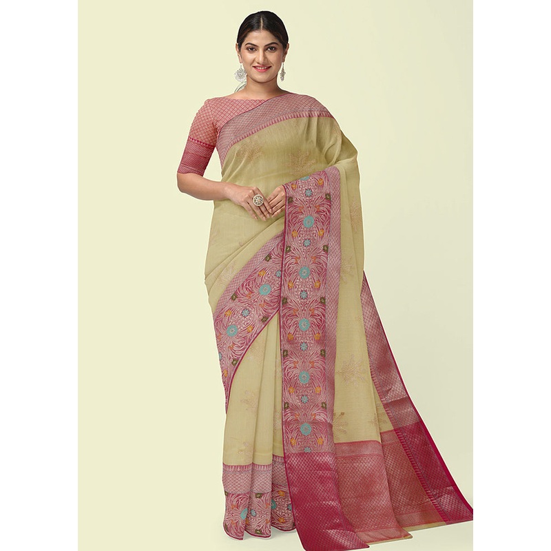 Yellow Cotton Zari Saree Without Blouse Piece - JD986581823