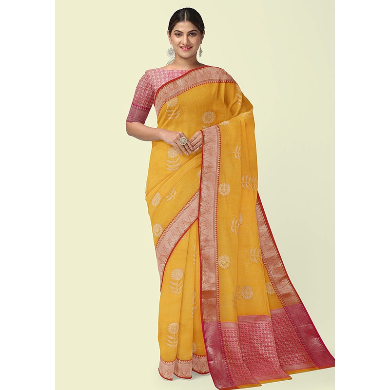 Yellow Cotton Zari Saree Without Blouse Piece - JD986581827