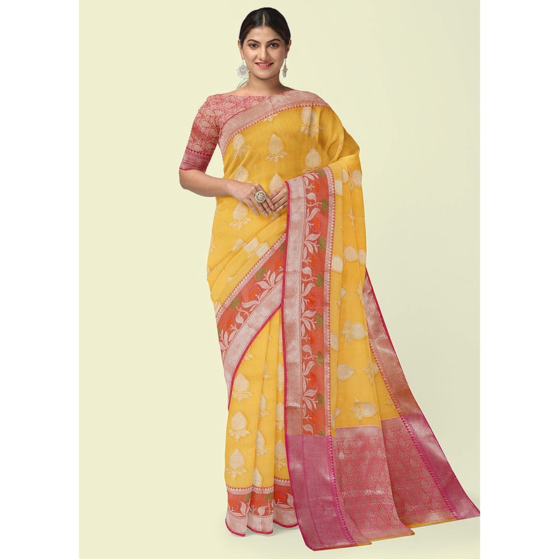 Yellow Cotton Zari Saree Without Blouse Piece - JD986581828