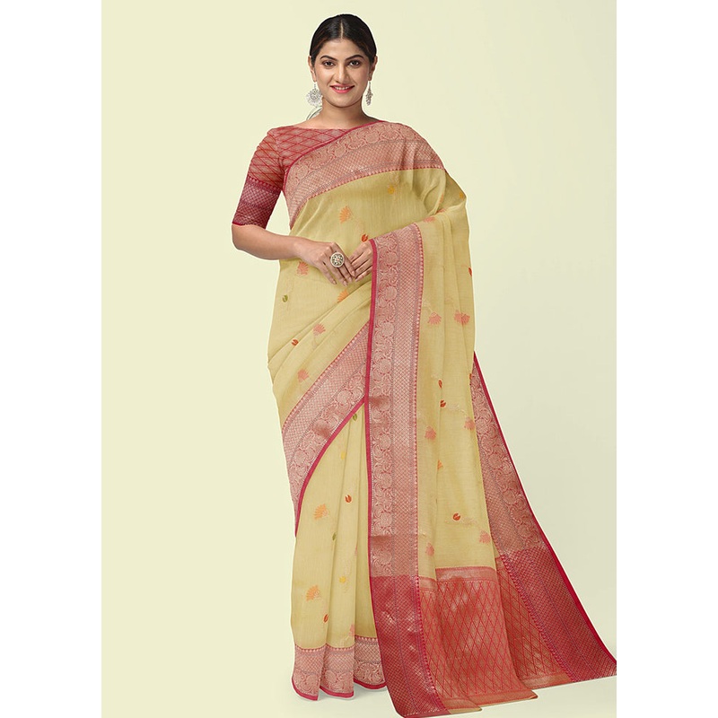 Yellow Cotton Zari Saree Without Blouse Piece - JD986581841