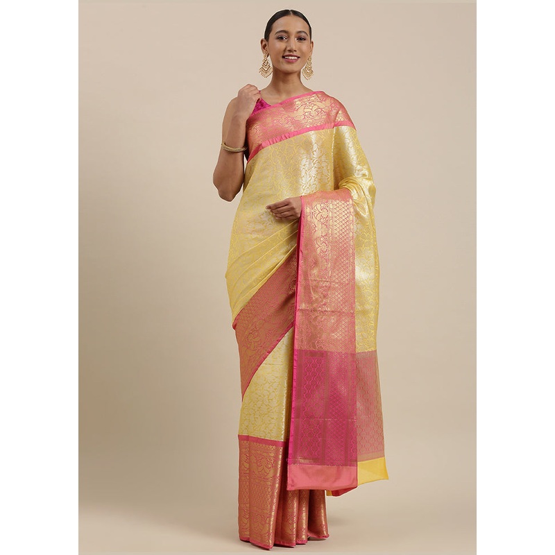 Yellow Kanchipuram Silk Zari Saree Without Blouse Piece - JD986581953