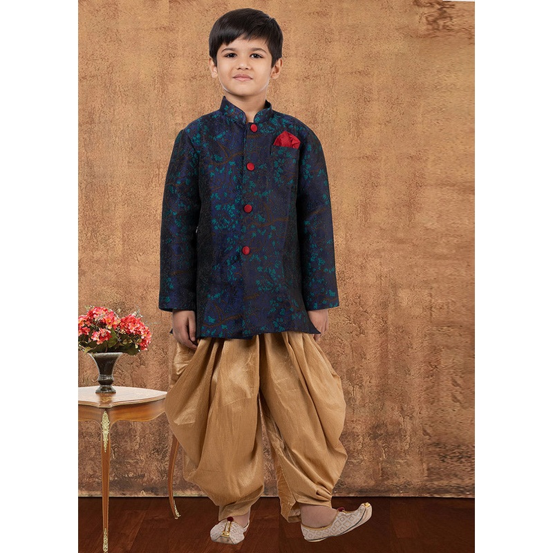 2 Pc Blue Jacquard Silk Kurta Dhoti Set - JD986581597
