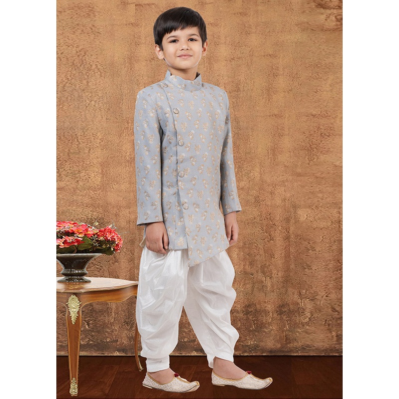 2 Pc Bluish Grey Jacquard Silk Kurta Dhoti Set - JD986581596