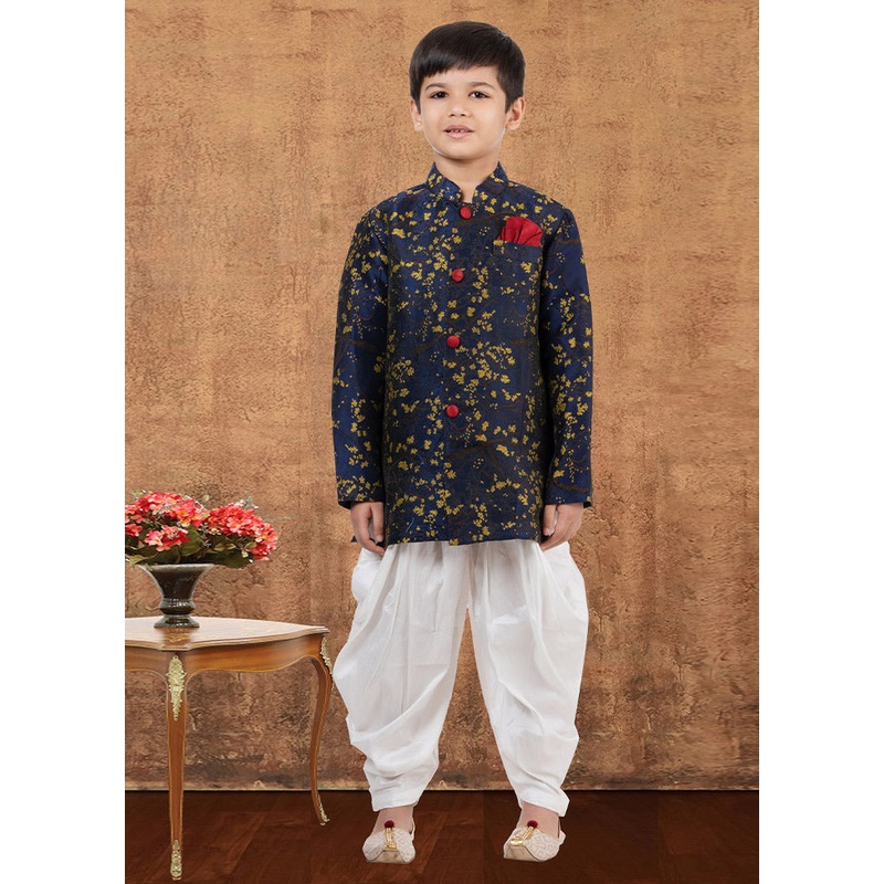 2 Pc Navy Blue Dupion Silk Kurta Dhoti Set - JD986581594