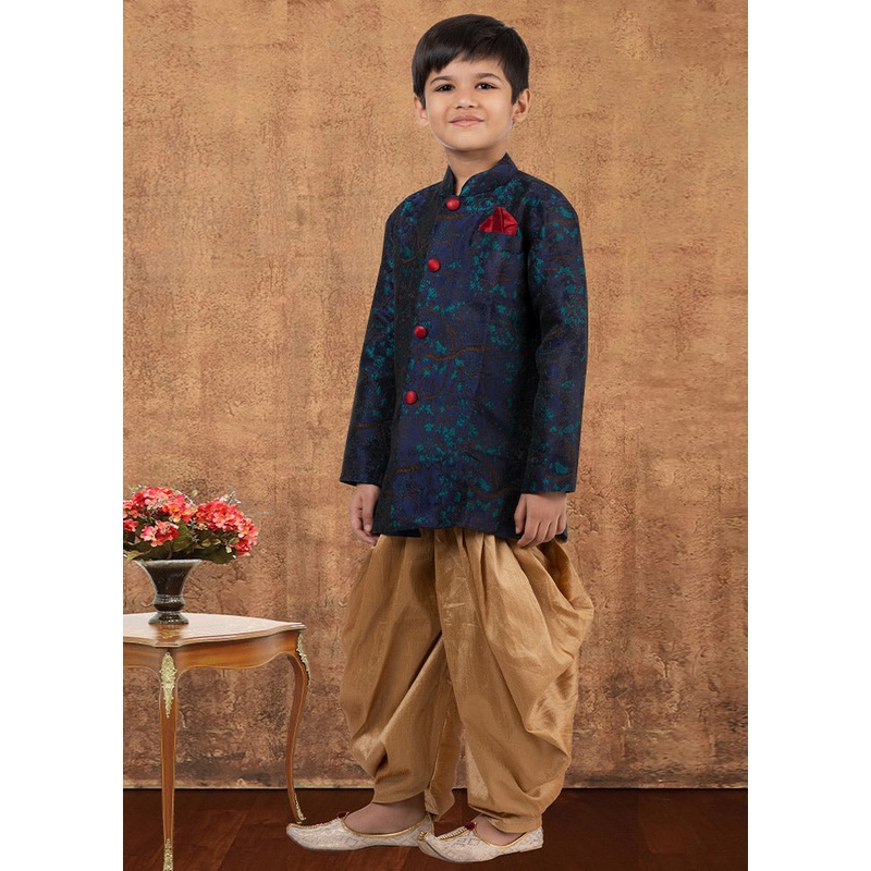 2 Pc Navy Blue Dupion Silk Kurta Dhoti Set - JD986581595