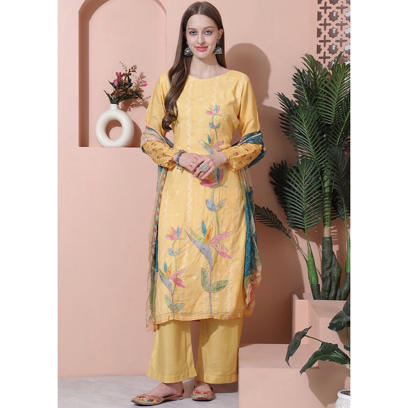3 Pc Yellow Semi Stitched Silk Suit Set - JD986581763