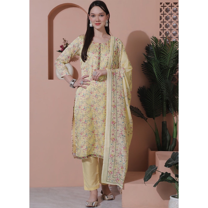 3 Pc Yellow Semi Stitched Silk Suit Set - JD986581764