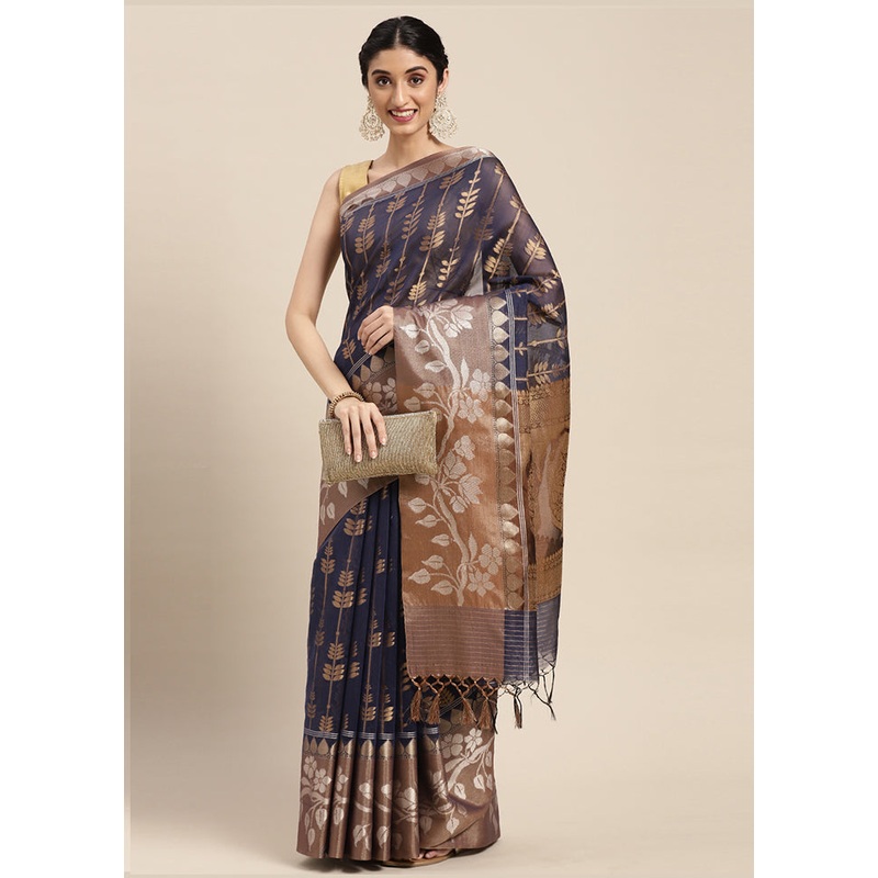 Blue Cotton Zari Saree Without Blouse Piece - JD986581692