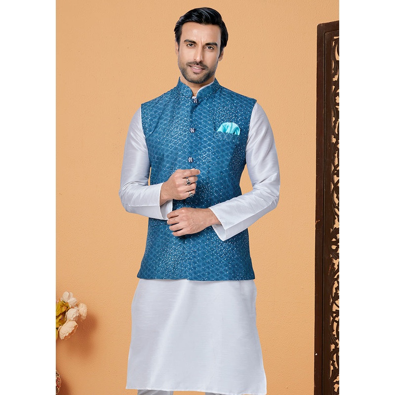 Blue Full Sleeves Mandarin Collar Waistcoat - JD986581759