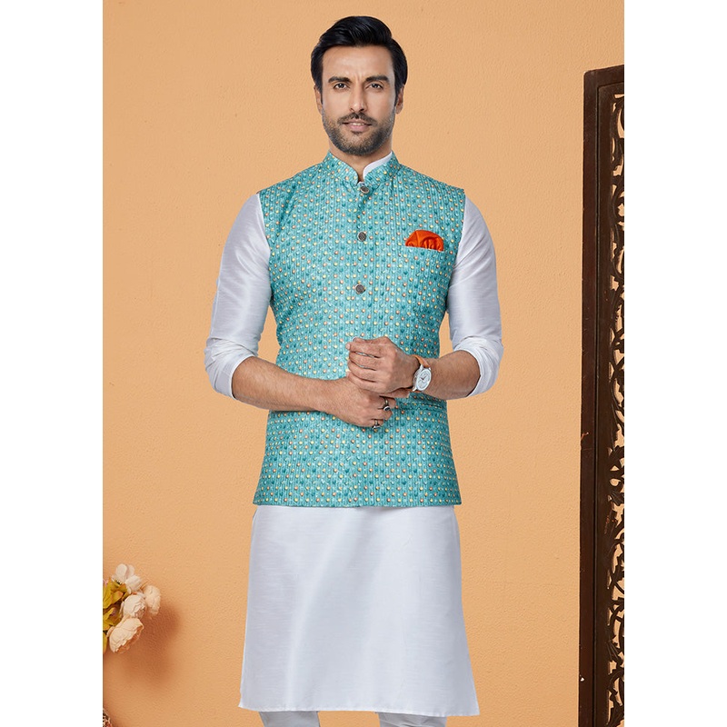 Blue Full Sleeves Mandarin Collar Waistcoat - JD986581760