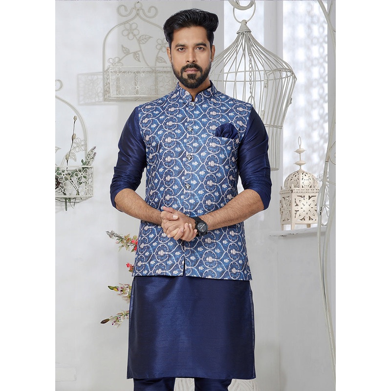 Blue Full Sleeves Mandarin Collar Waistcoat - JD986581761