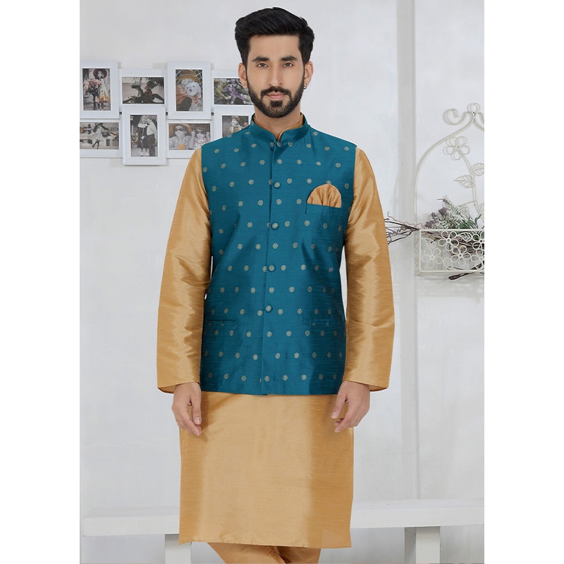 Blue Full Sleeves Mandarin Collar Waistcoat - JD986581762