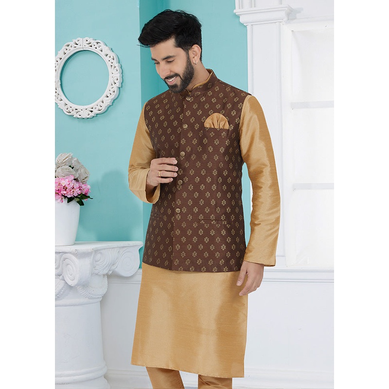 Brown Full Sleeves Mandarin Collar Waistcoat - JD986581758