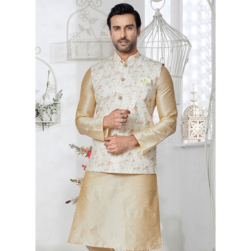 Cream Full Sleeves Mandarin Collar Waistcoat - JD986581756