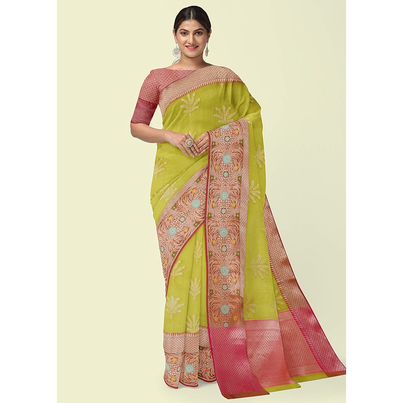 Green Cotton Zari Saree Without Blouse Piece - JD986581688