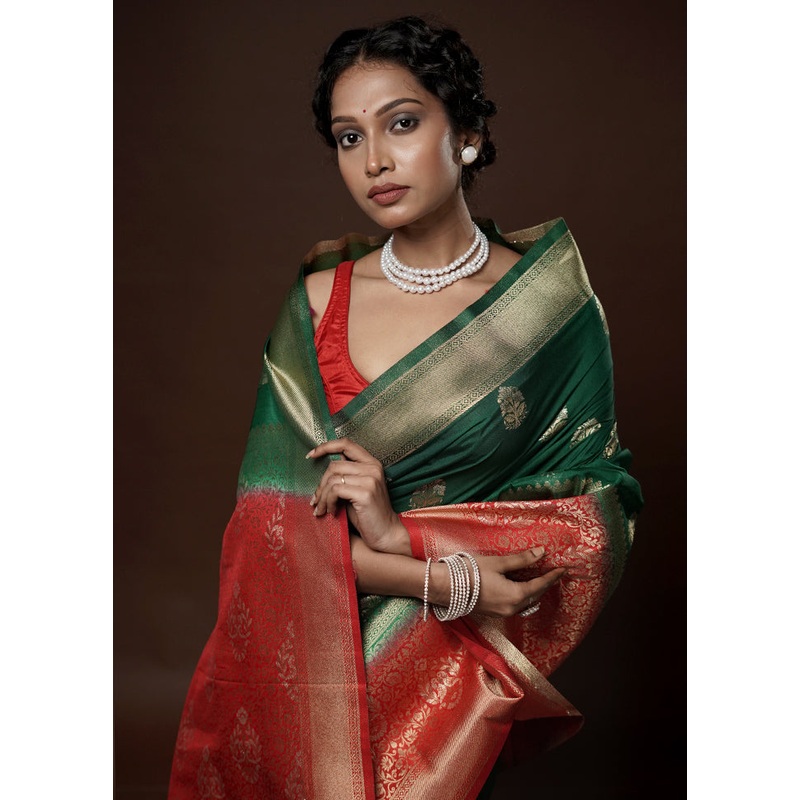 Green Dupion Silk Saree With Blouse Piece - JD986581620