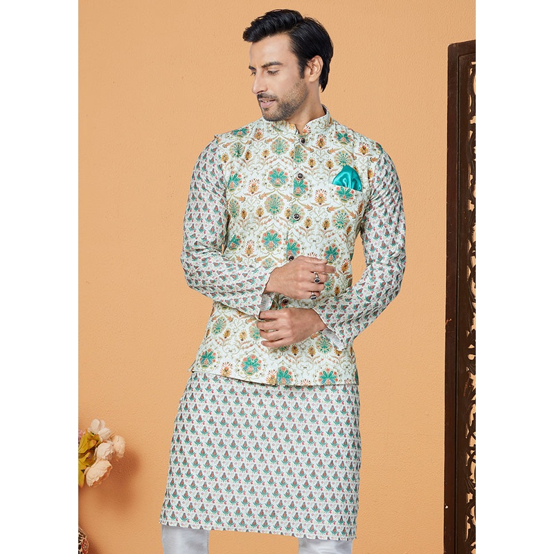 Green Full Sleeves Mandarin Collar Waistcoat - JD986581728