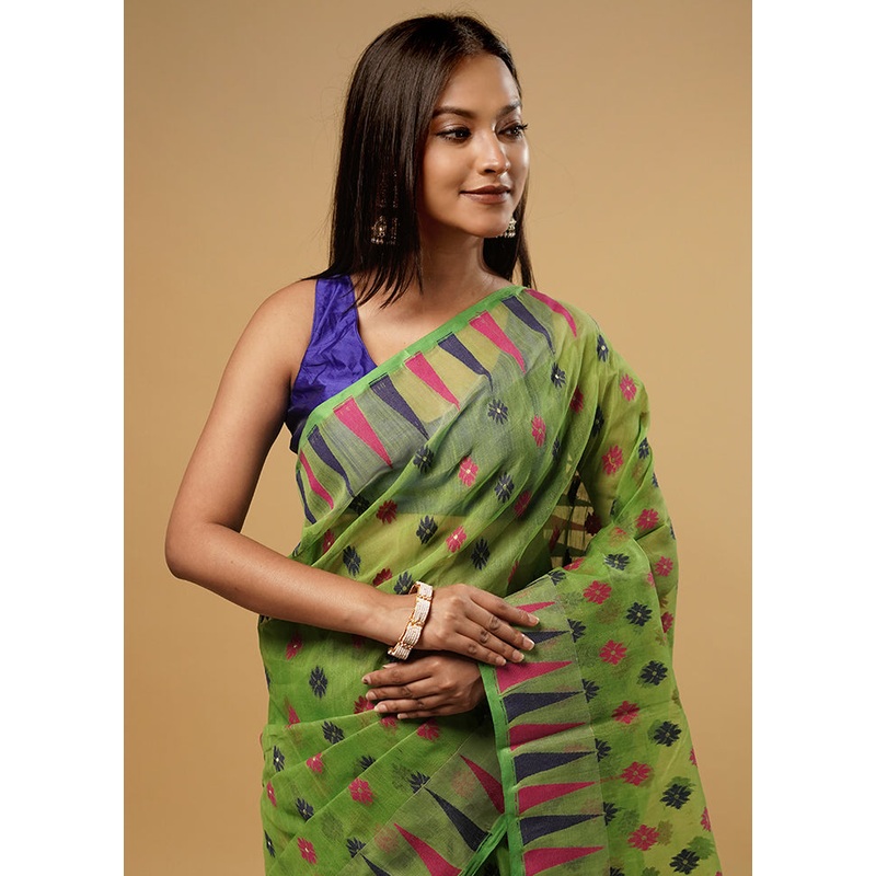 Green Tant Jamdani Saree Without Blouse Piece - JD986581603