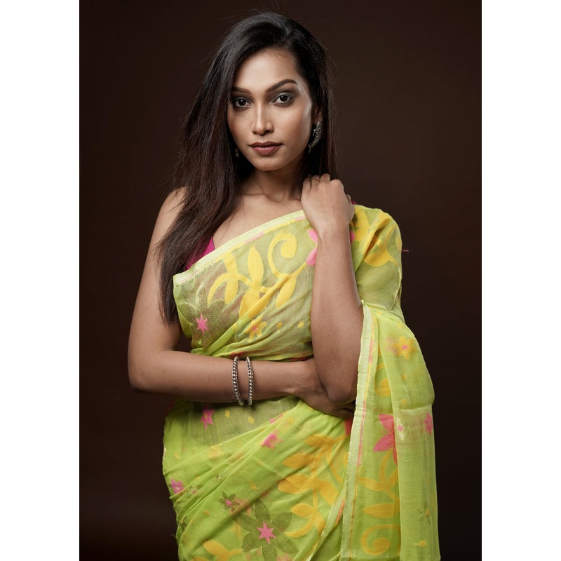 Green Tant Jamdani Saree Without Blouse Piece - JD986581619