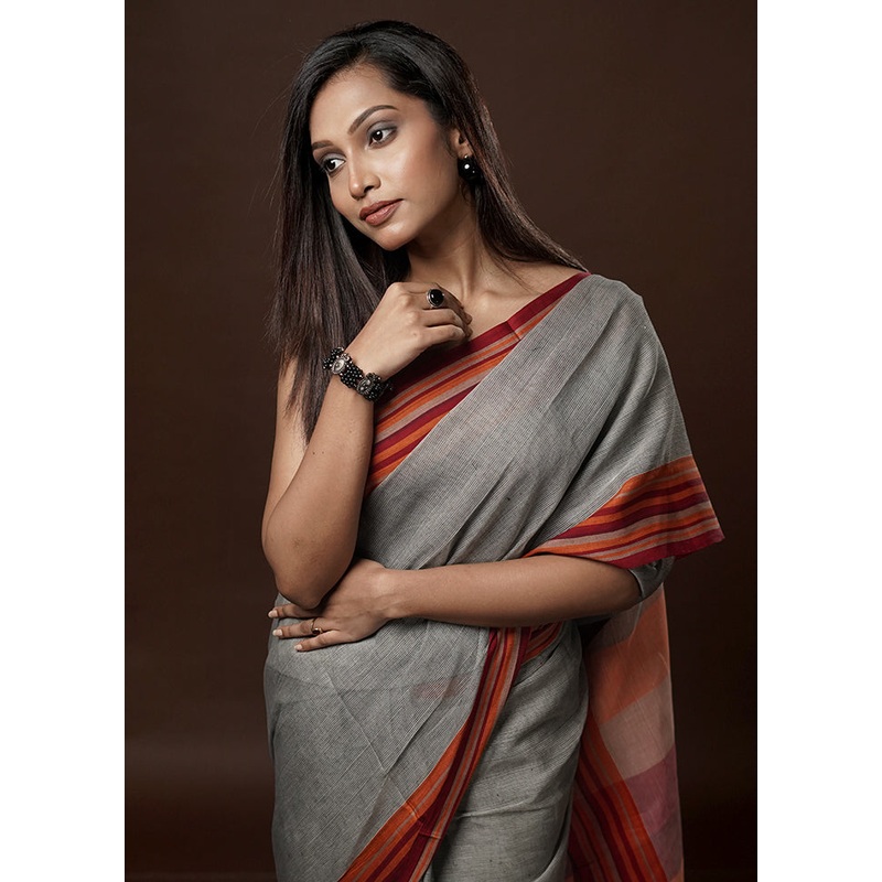 Grey Cotton Saree With Blouse Piece - JD986581618