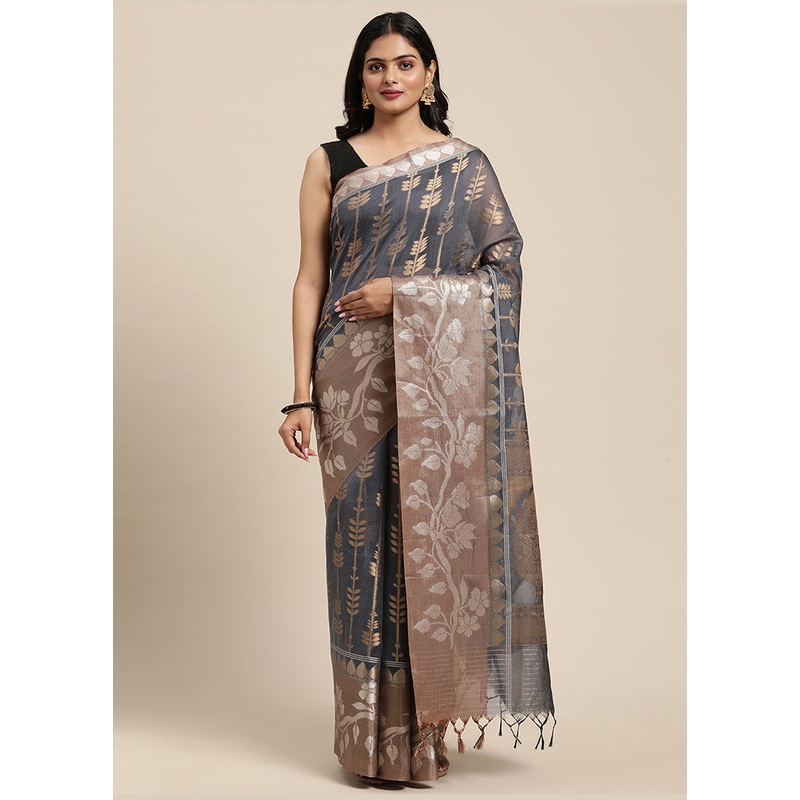 Grey Cotton Zari Saree Without Blouse Piece - JD986581684