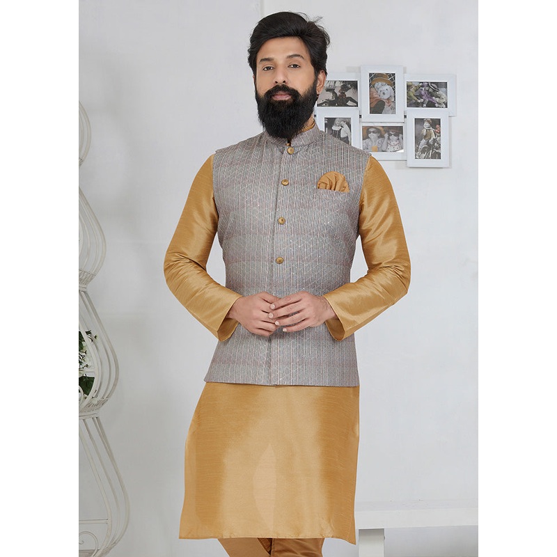 Grey Full Sleeves Mandarin Collar Waistcoat - JD986581752
