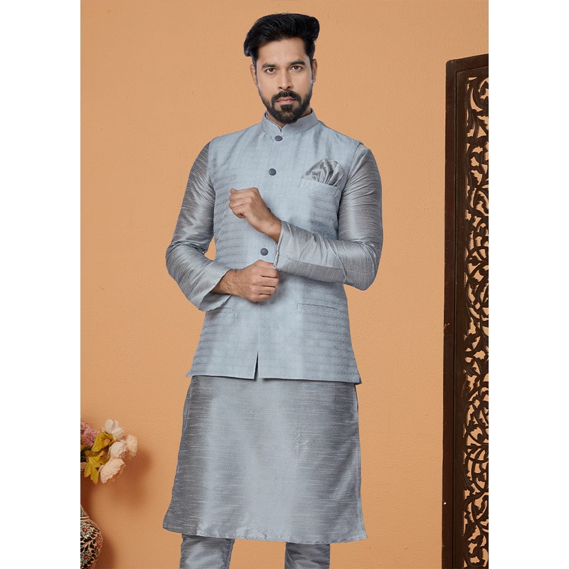 Grey Full Sleeves Mandarin Collar Waistcoat - JD986581753
