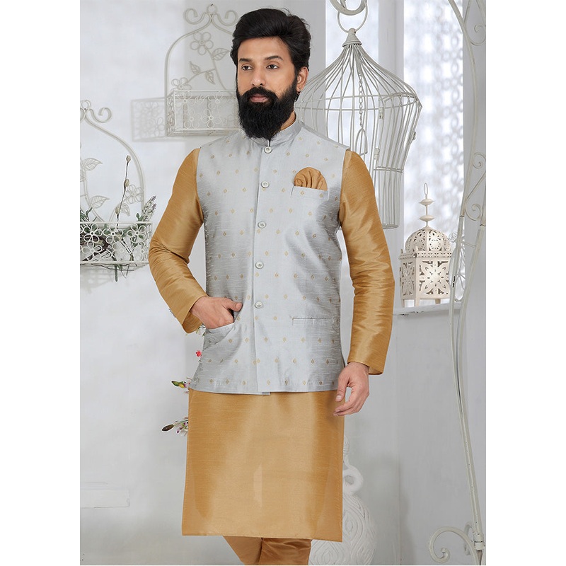 Grey Full Sleeves Mandarin Collar Waistcoat - JD986581754