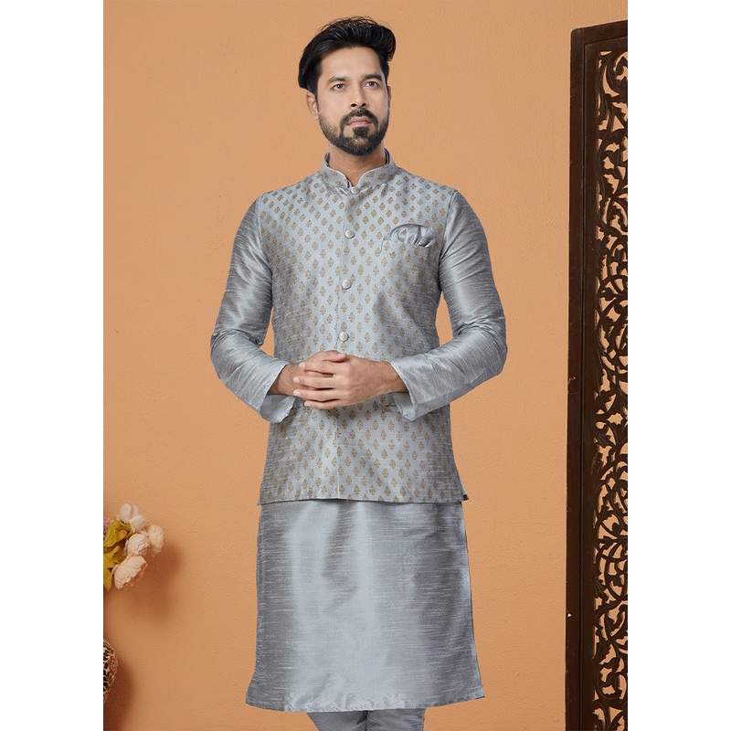 Grey Full Sleeves Mandarin Collar Waistcoat - JD986581755