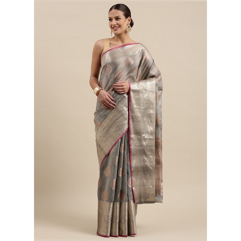 Grey Matka Silk Zari Saree Without Blouse Piece - JD986581682