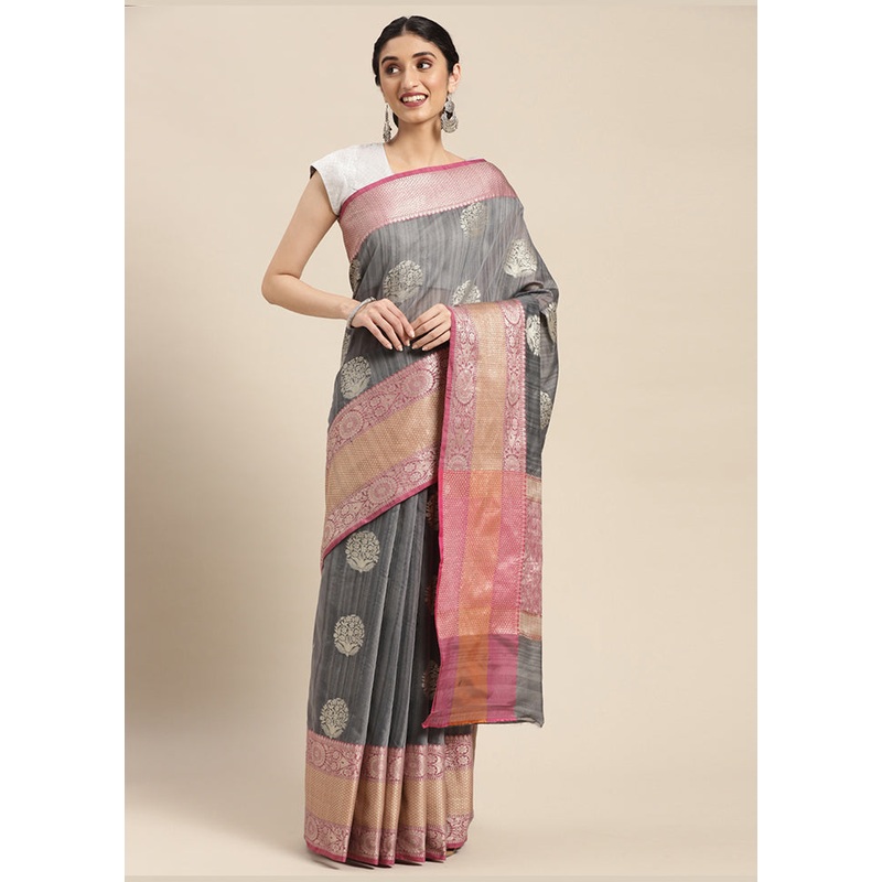 Grey Matka Silk Zari Saree Without Blouse Piece - JD986581683