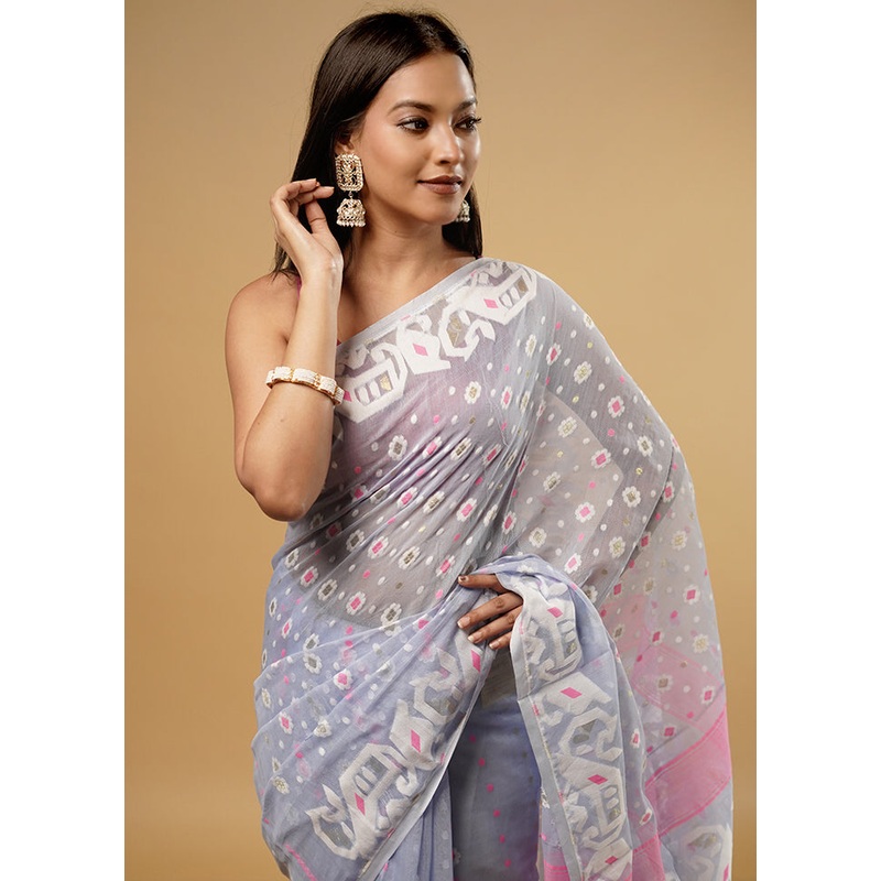 Grey Tant Jamdani Saree Without Blouse Piece - JD986581601
