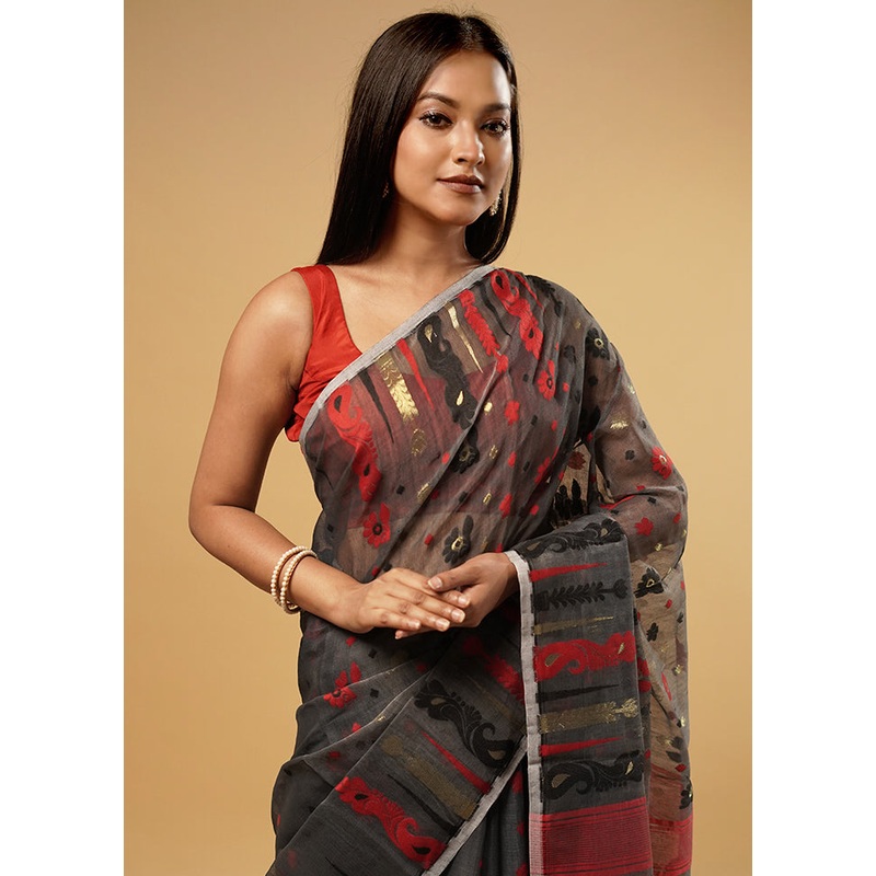 Grey Tant Jamdani Saree Without Blouse Piece - JD986581602