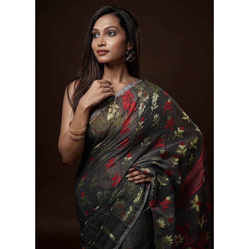 Grey Tant Jamdani Saree Without Blouse Piece - JD986581617
