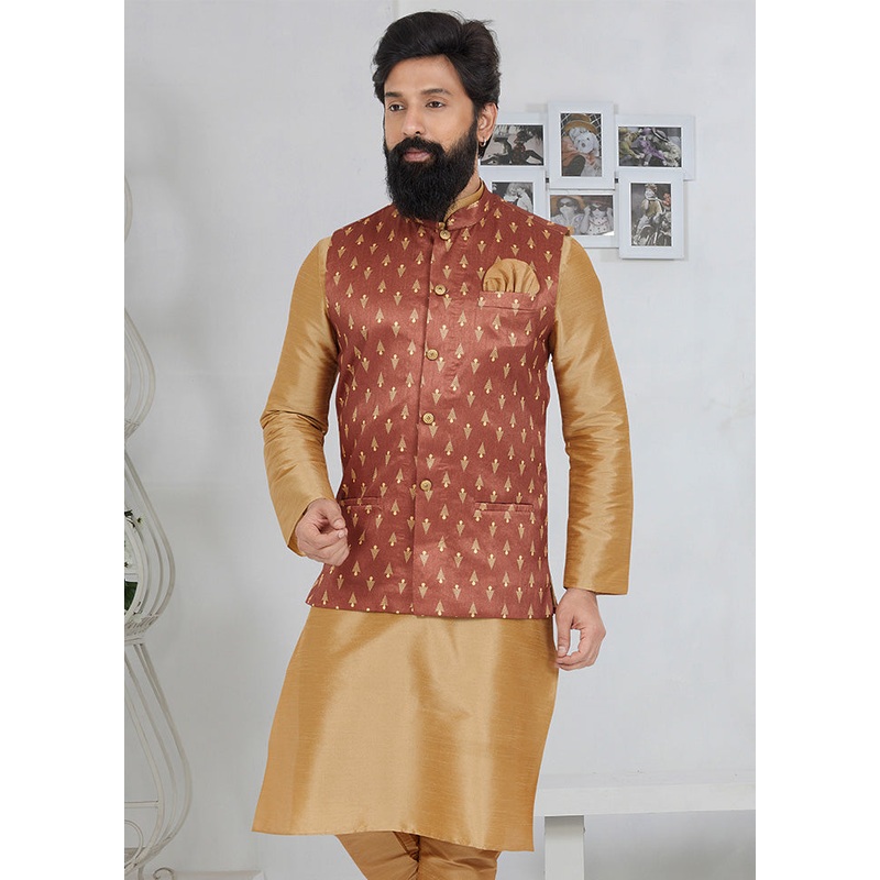 Light Brown Full Sleeves Mandarin Collar Waistcoat - JD986581750