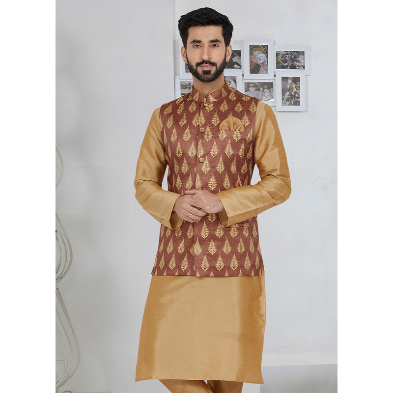 Light Brown Full Sleeves Mandarin Collar Waistcoat - JD986581751