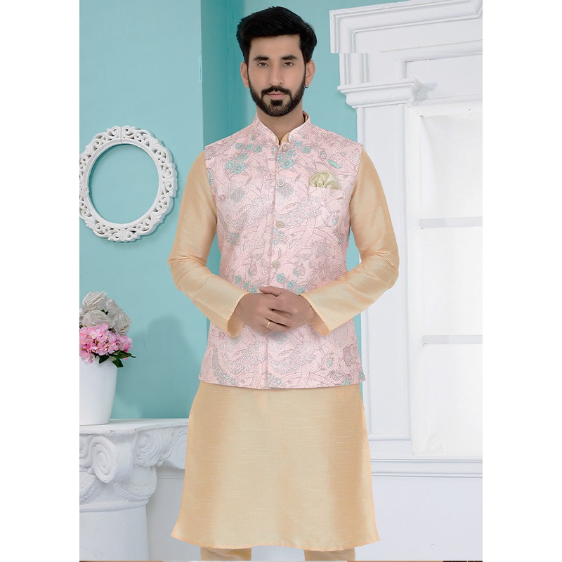 Light Pink Full Sleeves Mandarin Collar Waistcoat - JD986581749