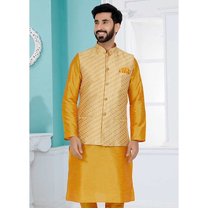 Light Yellow Full Sleeves Mandarin Collar Waistcoat - JD986581748