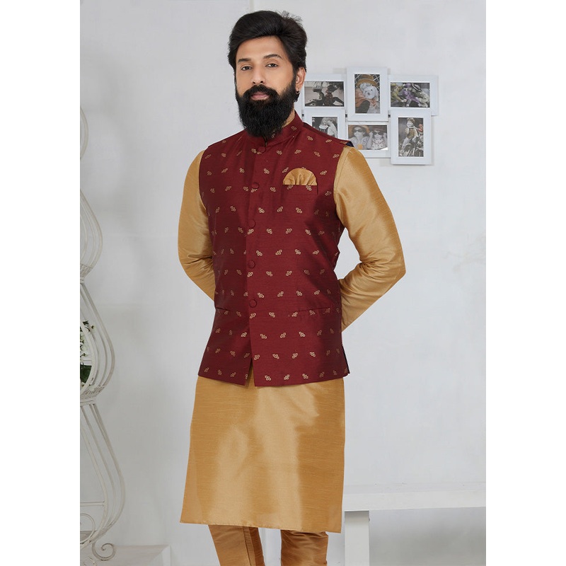 Maroon Full Sleeves Mandarin Collar Waistcoat - JD986581747