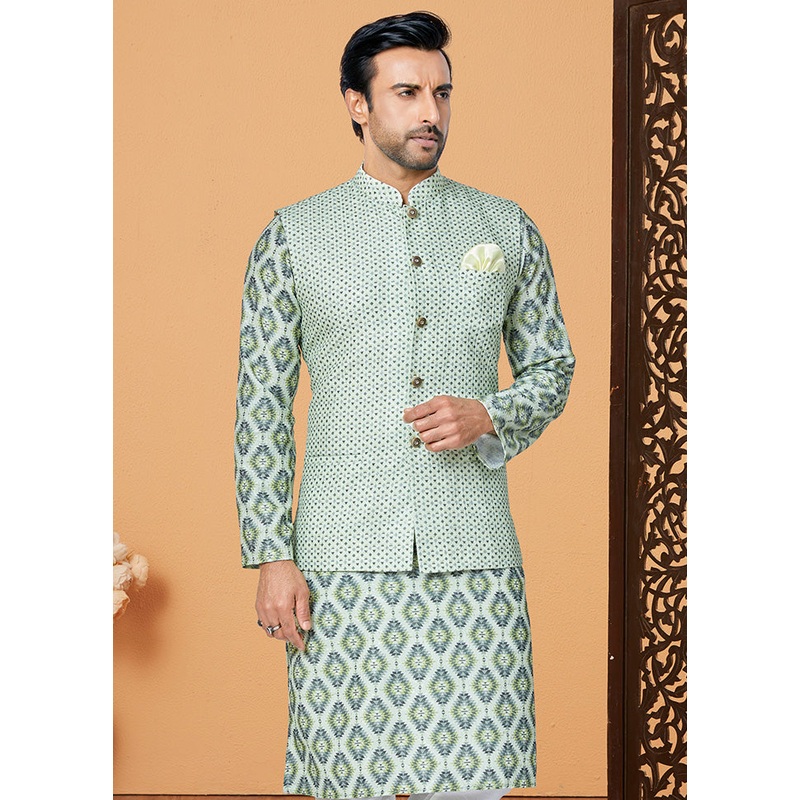 Mehendi Full Sleeves Mandarin Collar Waistcoat - JD986581746